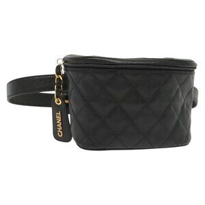 CHANEL Matelasse Waist Bag Grained Calf Skin Black Gold CC Auth 142308